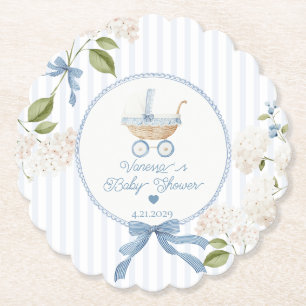 Vintage Baby Carriage French Stripes Baby Shower Paper Coaster