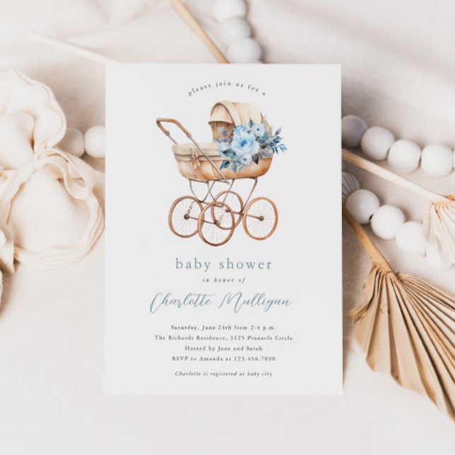 Vintage Baby Carriage Gender Neutral Baby Shower Invitation (Vintage baby carriage blue floral baby shower invitations.)