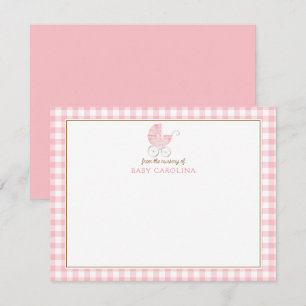 Vintage Baby Carriage Girl Pink Gingham Note Cards