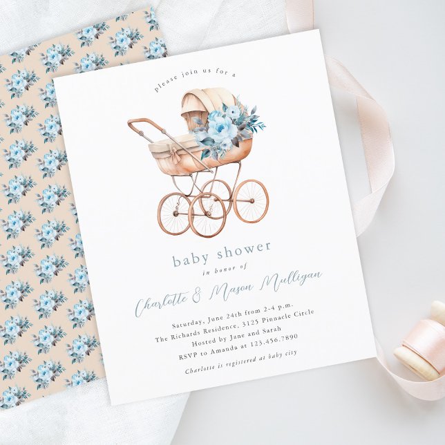 Vintage Baby Carriage Neutral Couples Baby Shower (Vintage baby carriage dusty blue floral budget baby shower invitation.)