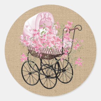 Vintage Baby Carriage on Faux Burlap Classic Round Sticker