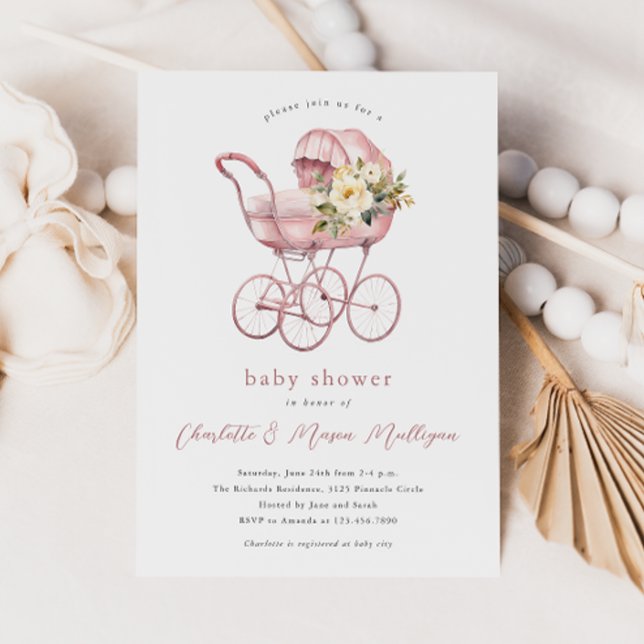 Vintage Baby Carriage Pink Couples Baby Shower Invitation (Vintage blush pink baby carriage with floral bouquet couples baby shower invitation.)