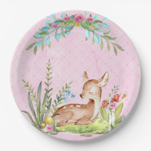 Vintage Baby Deer sitting in grass pink baby  Paper Plate