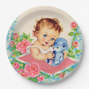 Vintage Baby Girl and Roses Baby Shower Plates