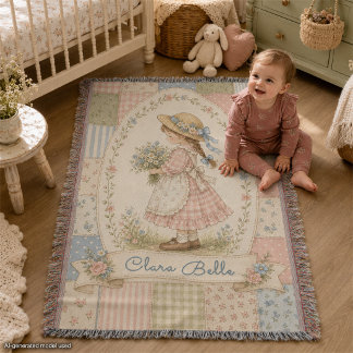 Vintage Baby Girl Personalised Patchwork Storybook Throw Blanket