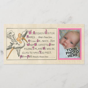 Vintage Baby Girl & Stork Birth Announcement Pink