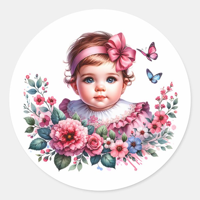 Vintage Baby Girl's Baby Shower  Classic Round Sticker (Front)