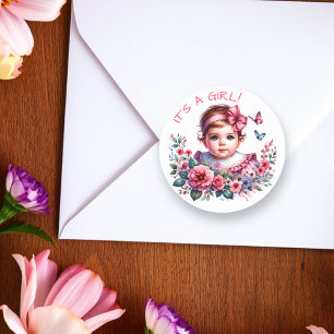 Vintage Baby Girl's Baby Shower It's a Girl Classic Round Sticker