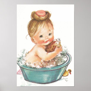 Vintage Baby in Bathtub Poster