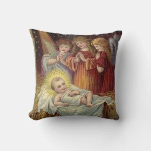 Vintage Baby Jesus in Manger Throw Pillow