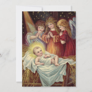 Vintage Baby Jesus Manger Three Angels Christmas Holiday Card