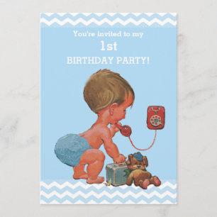 Vintage Baby on Phone Blue Chevrons 1st Birthday Invitation
