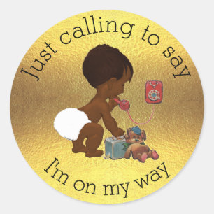 Vintage Baby on Phone Faux Gold Foil Baby Shower Classic Round Sticker