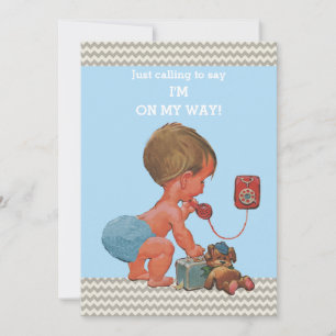 Vintage Baby on Phone Grey Chevrons Baby Shower Invitation