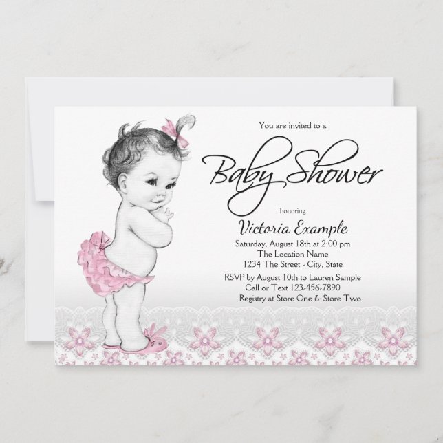 Vintage Baby Pink Grey Baby Shower Invitations (Front)
