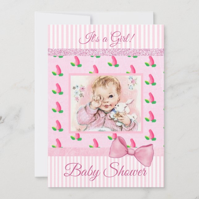 Vintage Baby Pink  Rosebuds Baby Shower Invitation (Front)