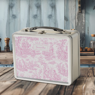 Vintage Baby Pink Toile De Jouy Scenic Pattern Metal Lunch Box