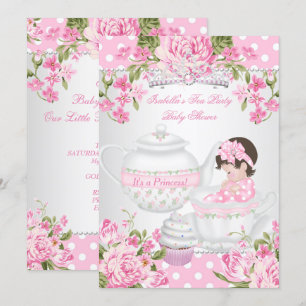 Vintage Baby Shower Brunette Girl Pink Tea Party Invitation