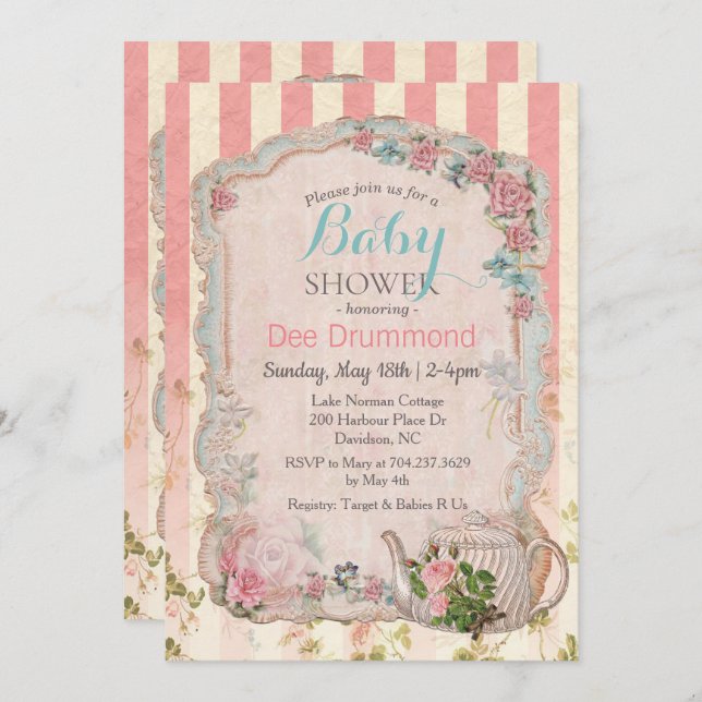 Vintage Baby Shower Floral Tea Invitation (Front/Back)