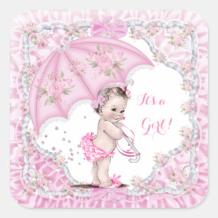 Vintage Baby Shower Girl Flowers Pink Umbrella Square Sticker