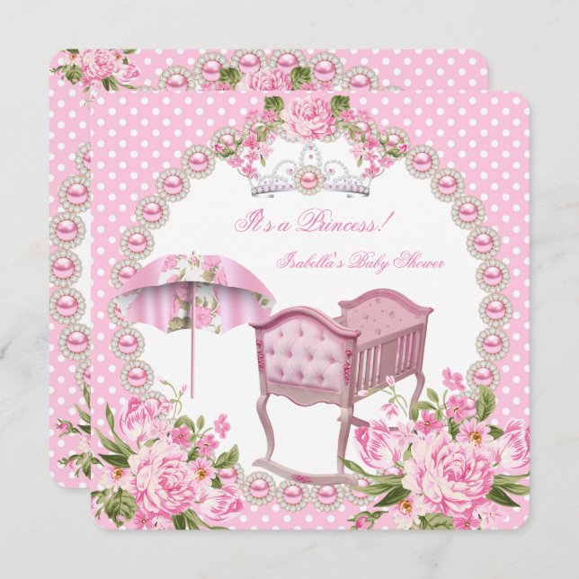 Vintage Baby Shower Girl Pink Umbrella Cradle Invitation (Front/Back)