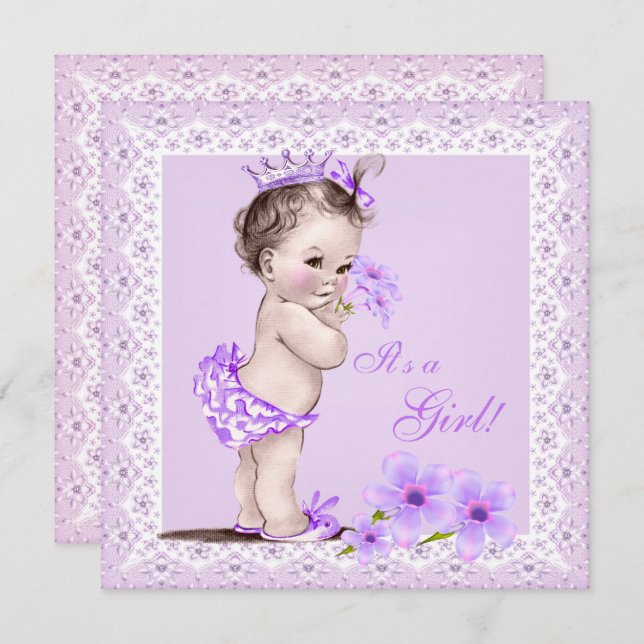Vintage Baby Shower Girl Pretty Lavender Flowers Invitation (Front/Back)