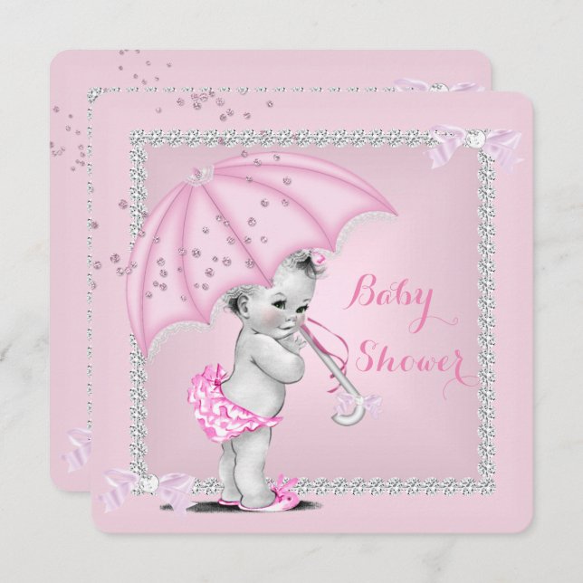 Vintage Baby Shower Girl Pretty Pink Umbrella Invitation (Front/Back)