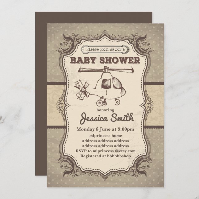 Vintage BABY SHOWER invitation -  Helicopters (Front/Back)