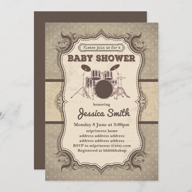 Vintage BABY SHOWER invitation - music drum (Front/Back)