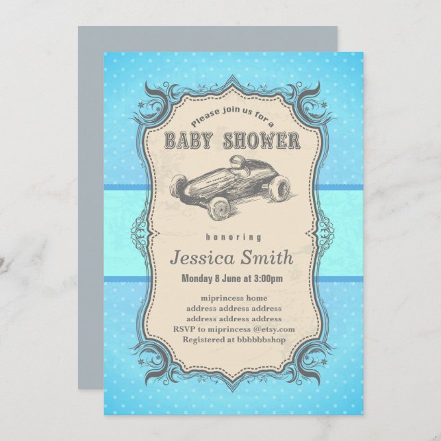 Vintage BABY SHOWER invitation - racing car (Front/Back)