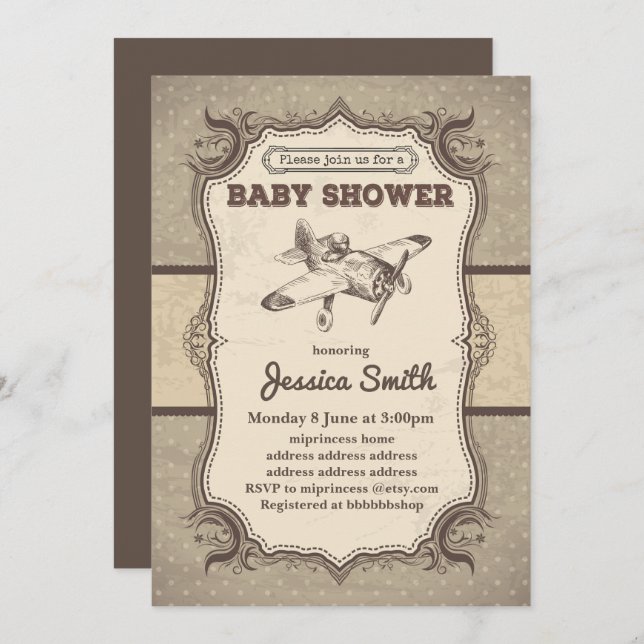 Vintage BABY SHOWER invitation - toy aeroplane (Front/Back)