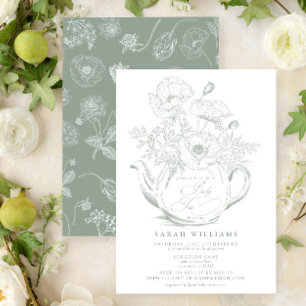 Vintage Baby Tea Party Shower Floral Sage Green Invitation