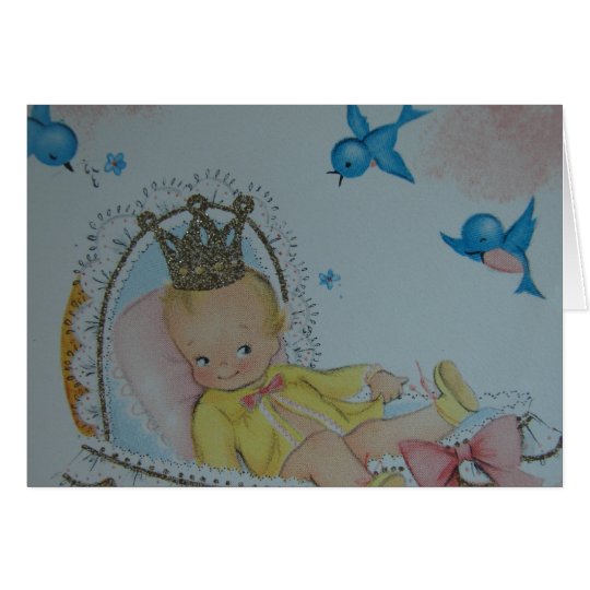 Vintage Baby With Crown and Bluebirds Card