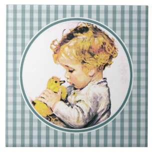 Vintage Baby with Duckling. Gift Ceramic Tiles