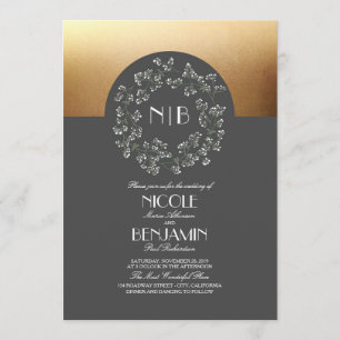 Vintage Baby's Breath Wreath Gold Wedding Invitation