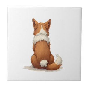 Vintage Back View Dog Illustration on White Backgr Ceramic Tile