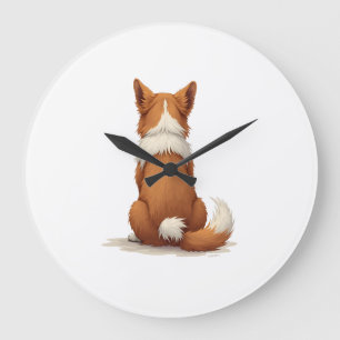 Vintage Back View Dog Illustration on White Backgr Large Clock