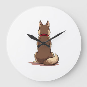 Vintage Back View Husky Dog Illustration Brown Whi Large Clock