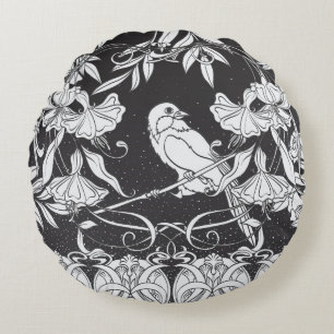 Vintage background with decorative flowers and bir round cushion