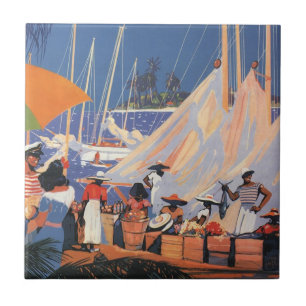 Vintage Bahamas Travel Art, Fly Nassau by Clipper Ceramic Tile