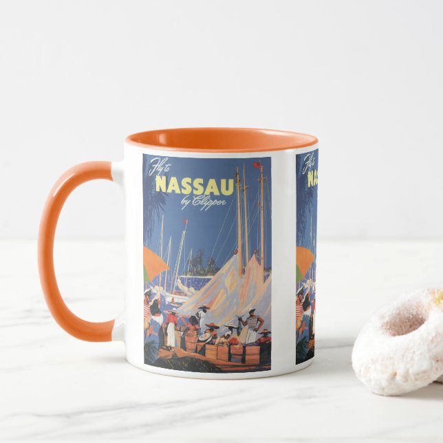 Vintage Bahamas Travel Art, Fly Nassau by Clipper  Mug (With Donut)