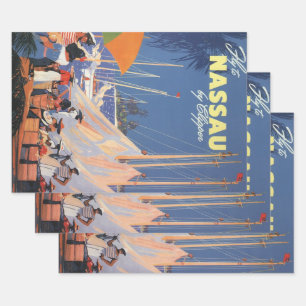 Vintage Bahamas Travel Art, Fly Nassau by Clipper Wrapping Paper Sheet