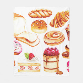 Vintage bakery and pastry water color style doodle fleece blanket