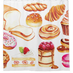 Vintage bakery and pastry water color style doodle shower curtain