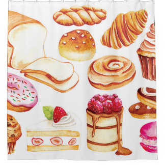 Vintage bakery and pastry water color style doodle shower curtain