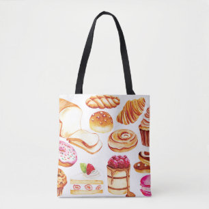 Vintage bakery and pastry water color style doodle tote bag