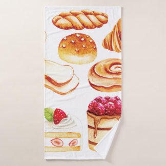Vintage bakery and pastry water colour style doodl bath towel