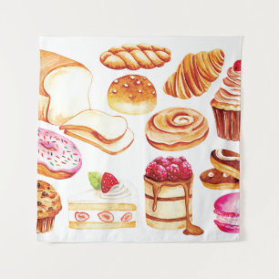 Vintage bakery and pastry water colour style doodl tapestry