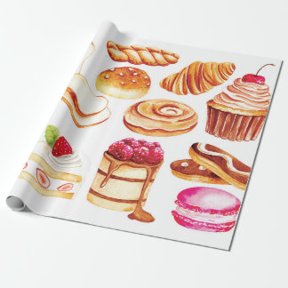 Vintage bakery and pastry water colour style doodl wrapping paper