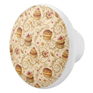 Vintage Bakery Cupcake Floral Design Ceramic Knob